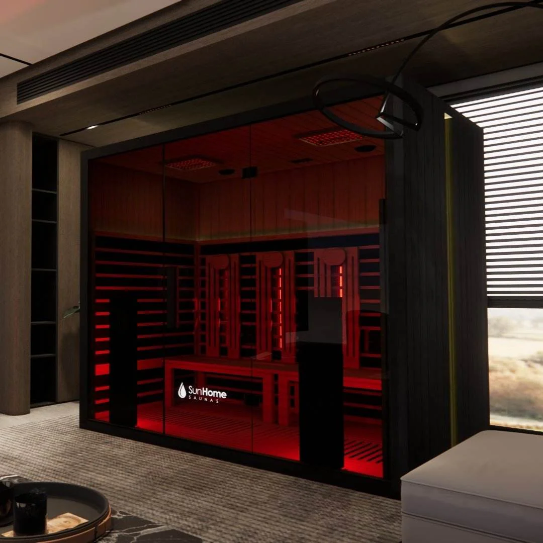 A modern wine cellar with red lighting and metal racks.
