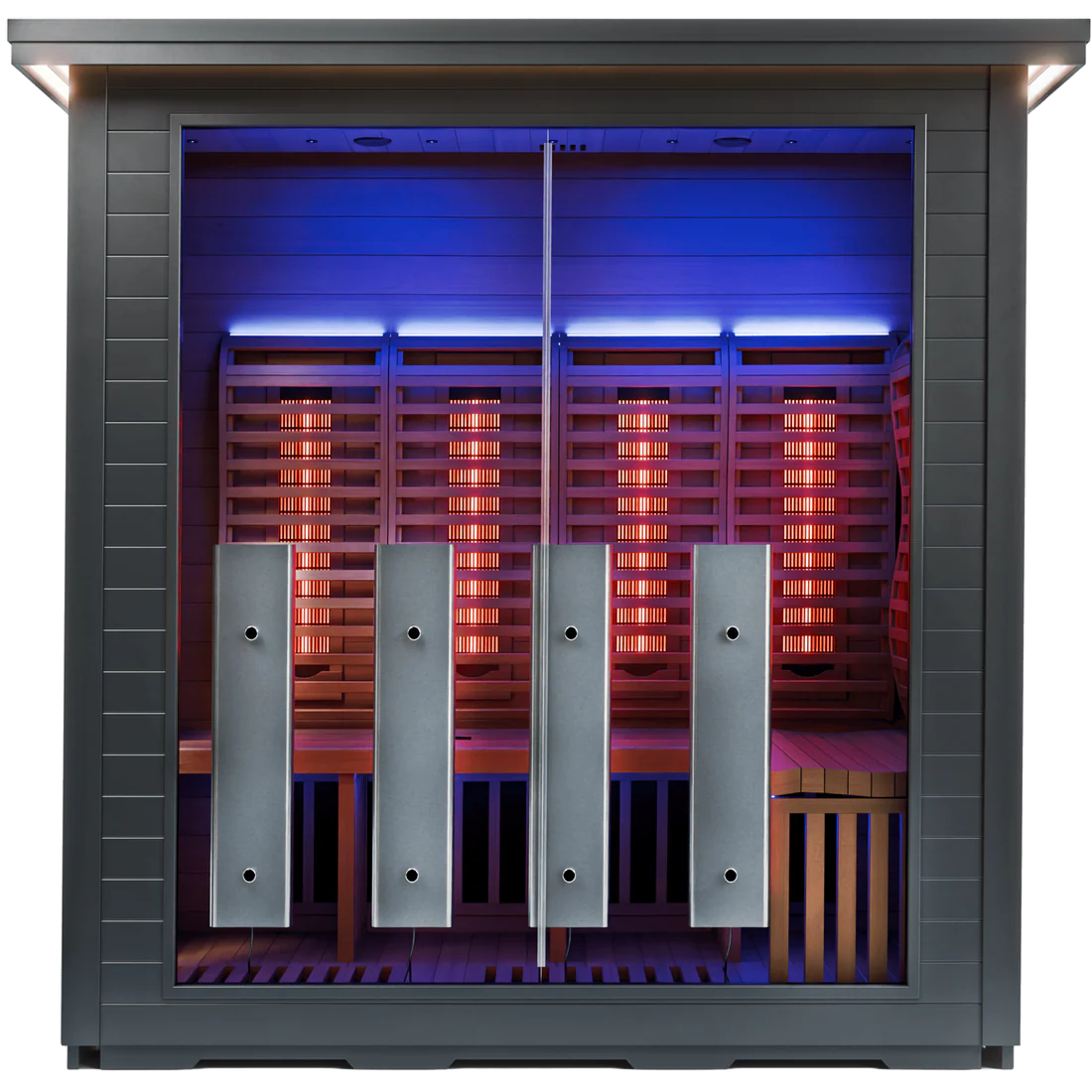 Modern sauna room with wooden benches and blue LED lighting.