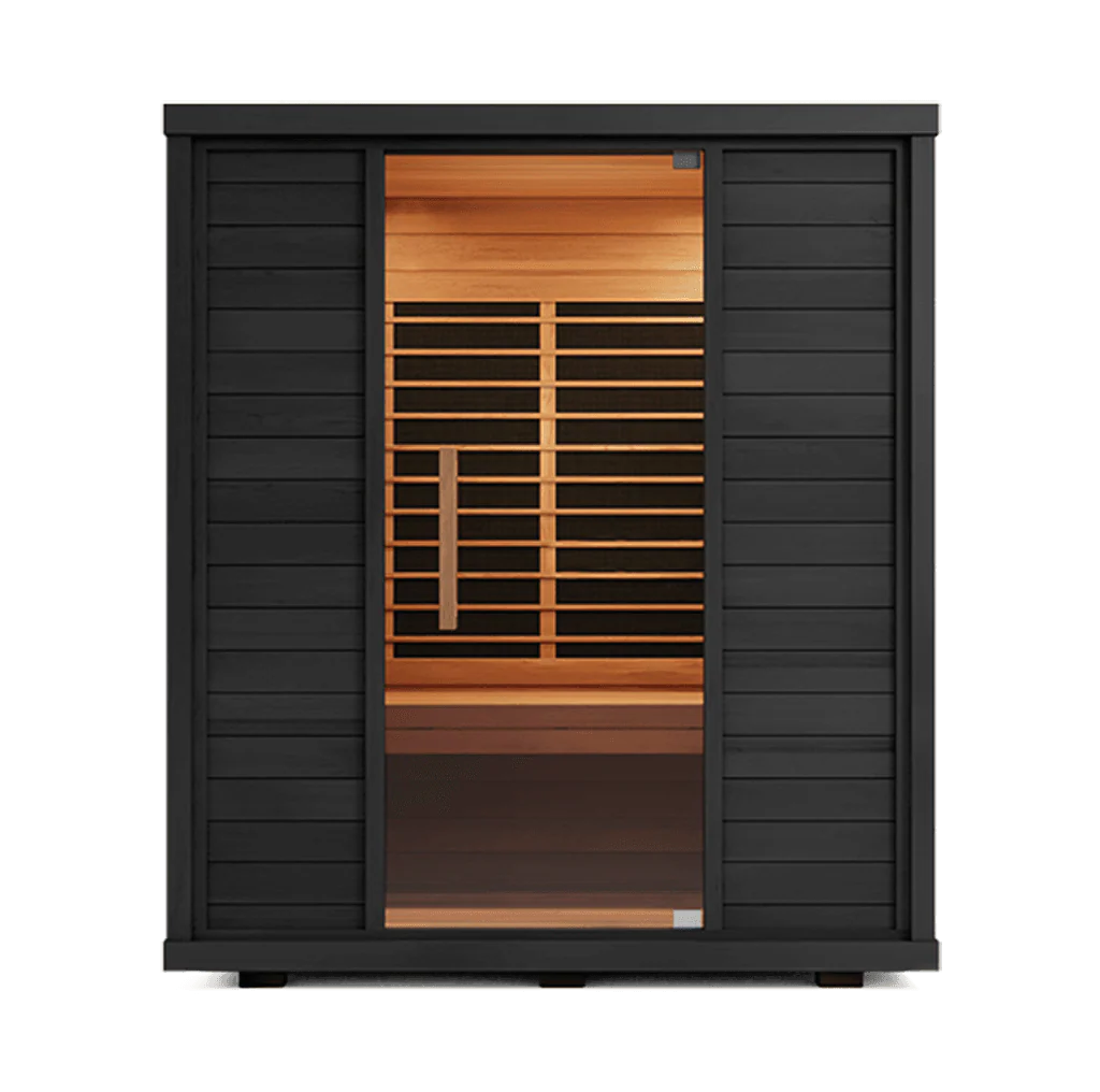 Modern black wooden sauna with warm interior lighting.