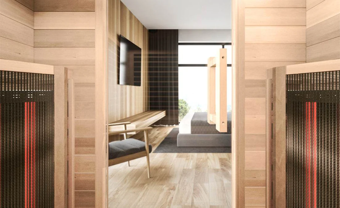 Modern bathroom with wooden accents and a large mirror.