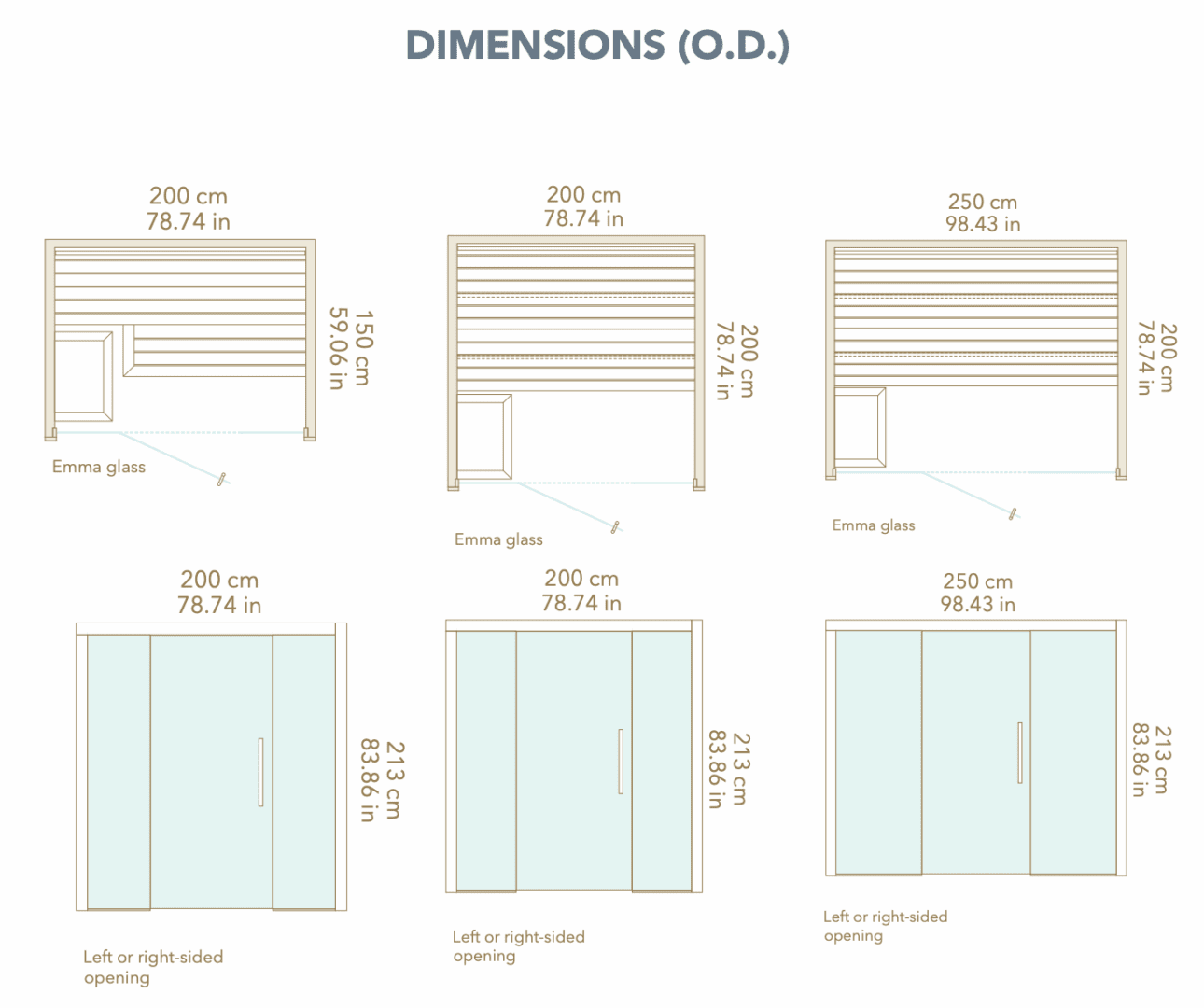 Technical drawing showing dimensions of sliding glass door frames and panels.