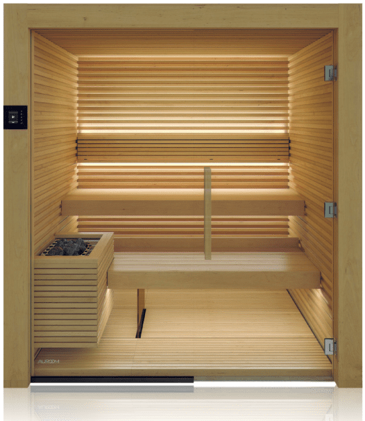 Modern wooden sauna with glass door and heater.