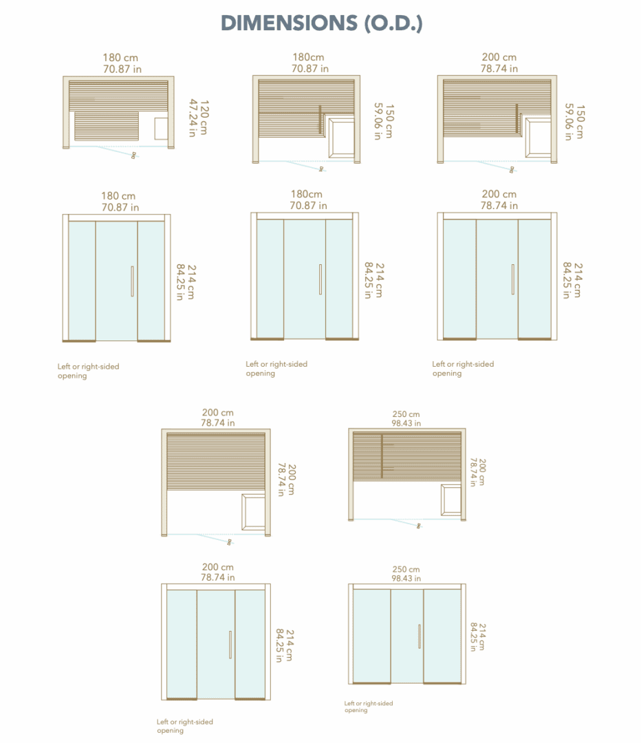 Technical drawings of furniture pieces with detailed measurements and views.