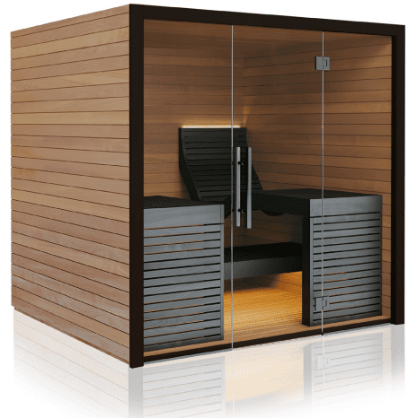 Modern wooden sauna with glass walls and black accents.