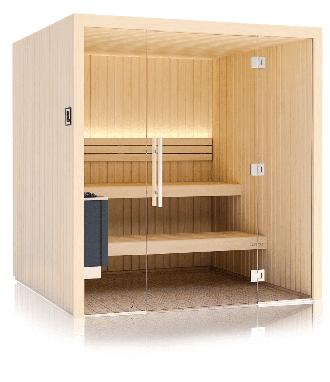 A modern wooden sauna with benches and a heater inside.