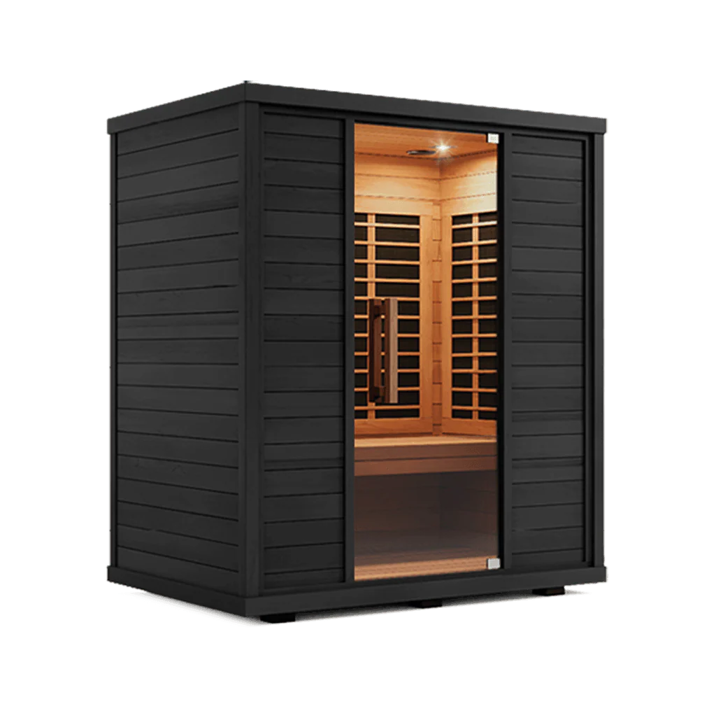 Sleek black infrared sauna with wood bench