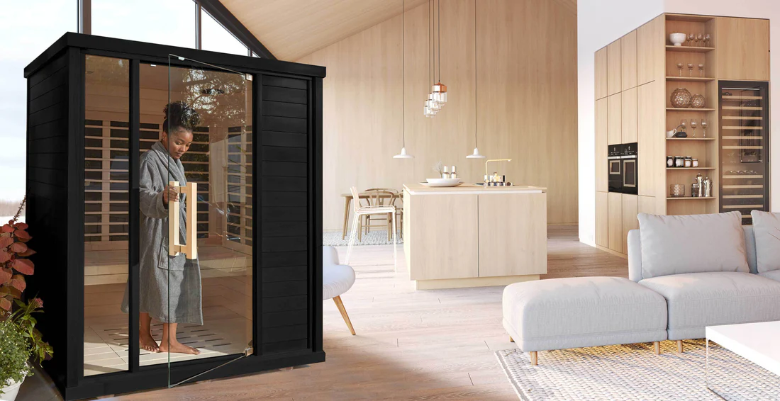 Minimalist dining area with wooden furniture and pendant lights.