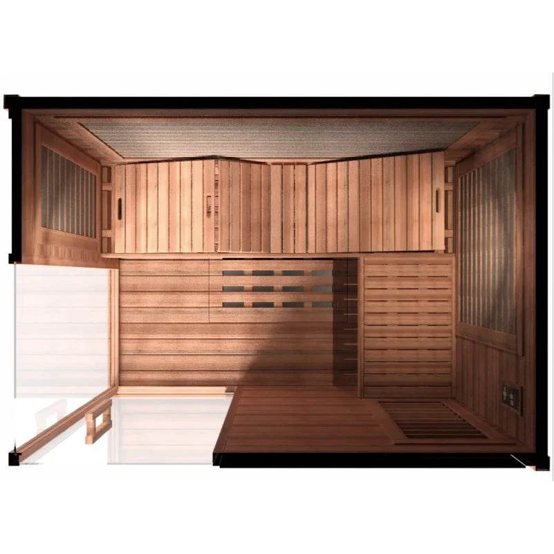 Top view of a wooden sauna with benches and heater.