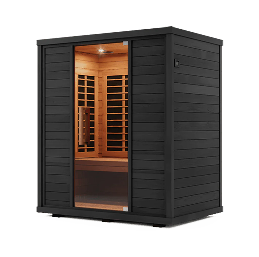 Modern black wooden sauna with glass door and interior lighting.
