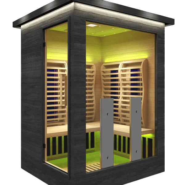 Modern infrared sauna cabin with glass walls and wooden interior.