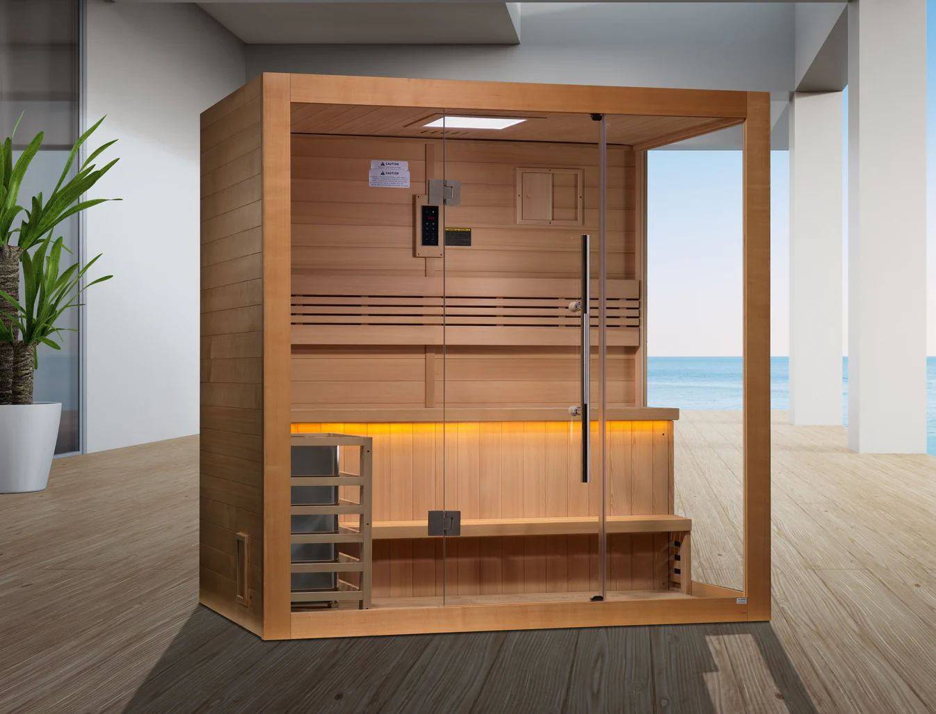 Modern wooden sauna with glass door and interior lighting.