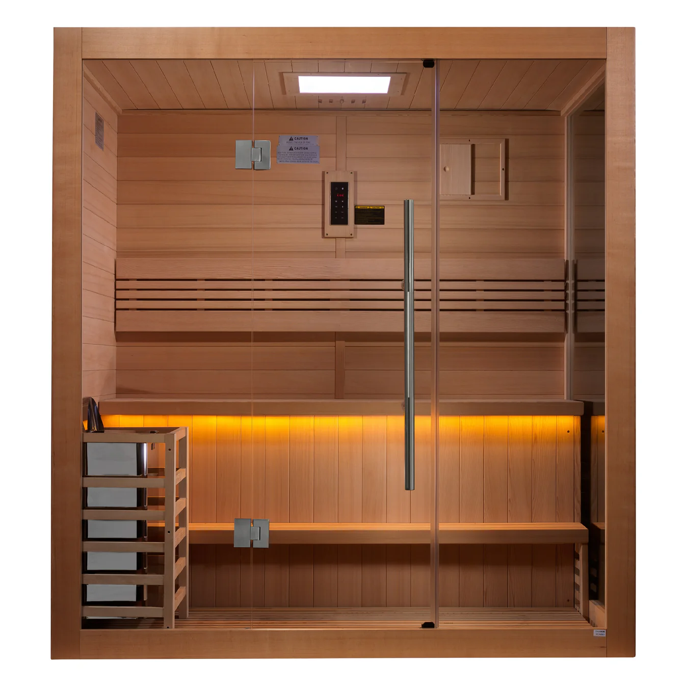 Modern wooden sauna with warm lighting and seating.