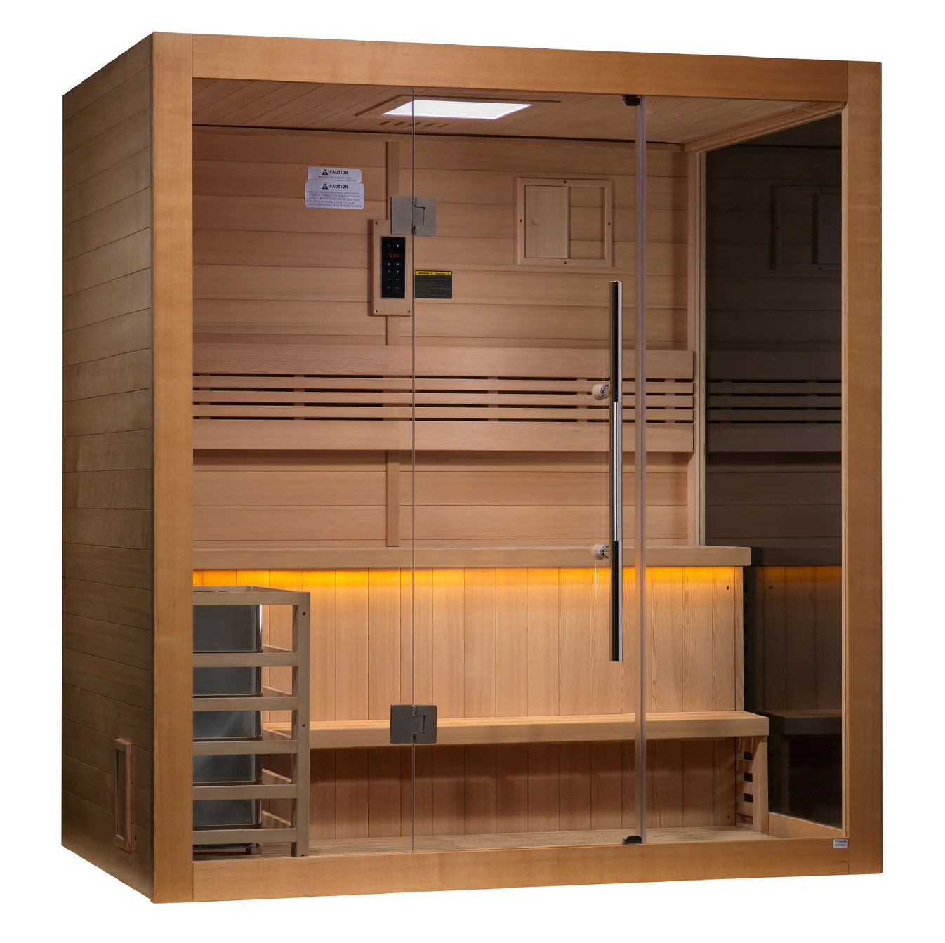 Modern wooden sauna with glass doors and warm interior lighting.