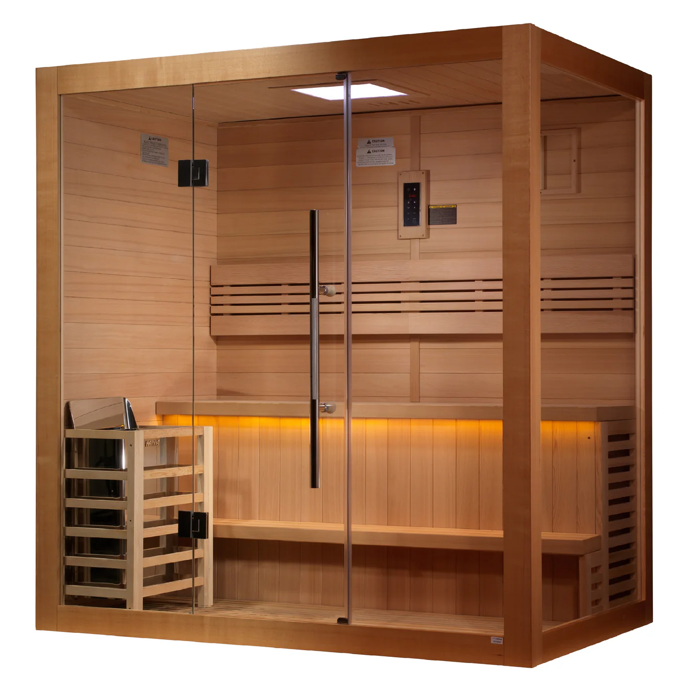 Modern wooden sauna with glass doors and interior lighting.