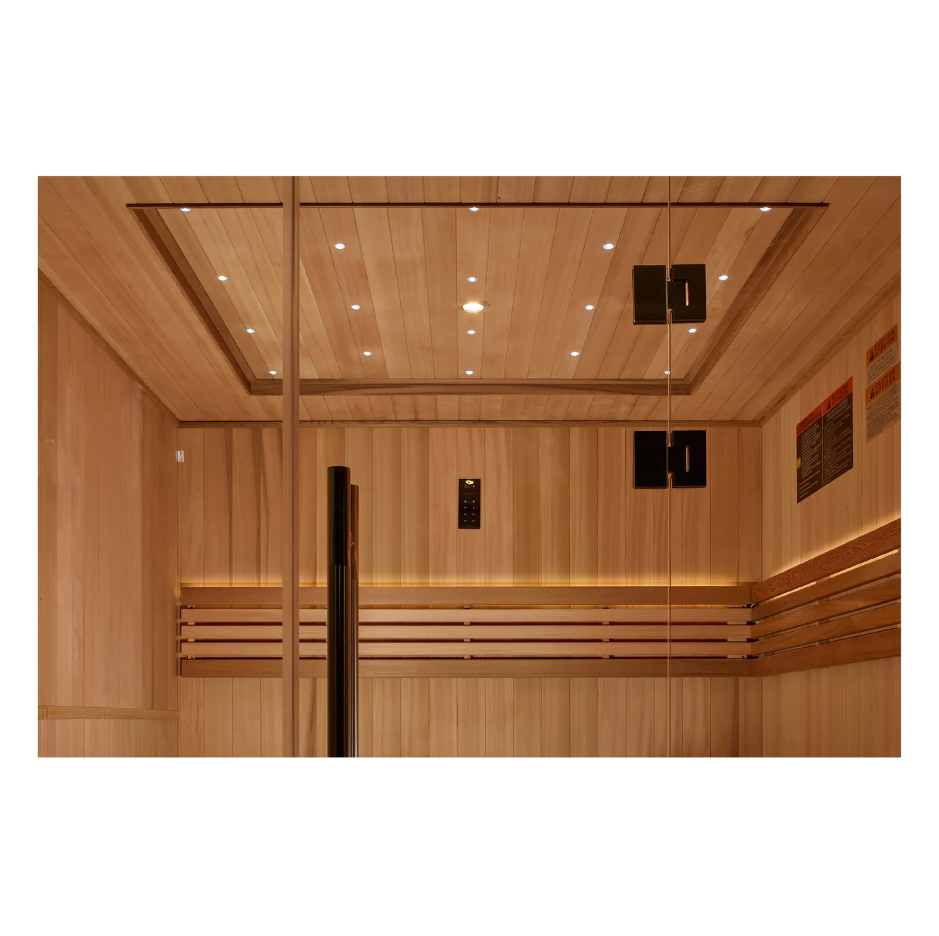 Modern wooden sauna interior with bench seating and soft lighting.