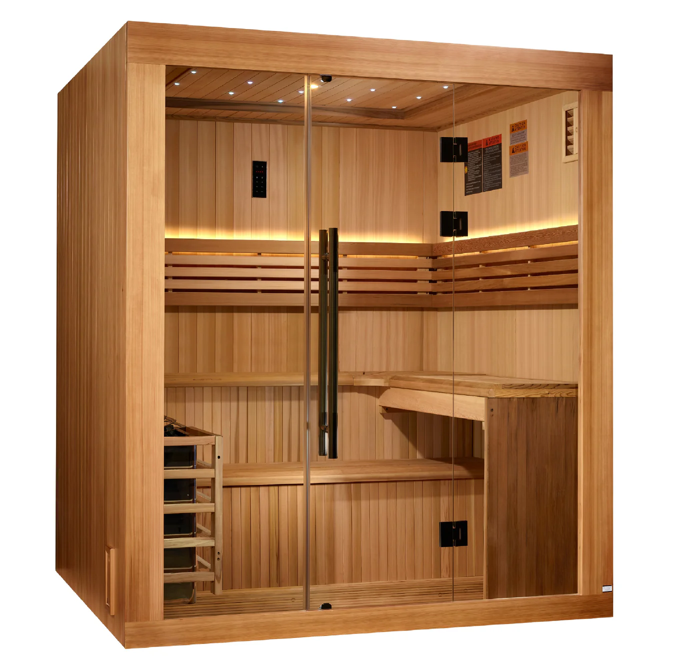 Spacious wooden sauna with benches and a heater inside.