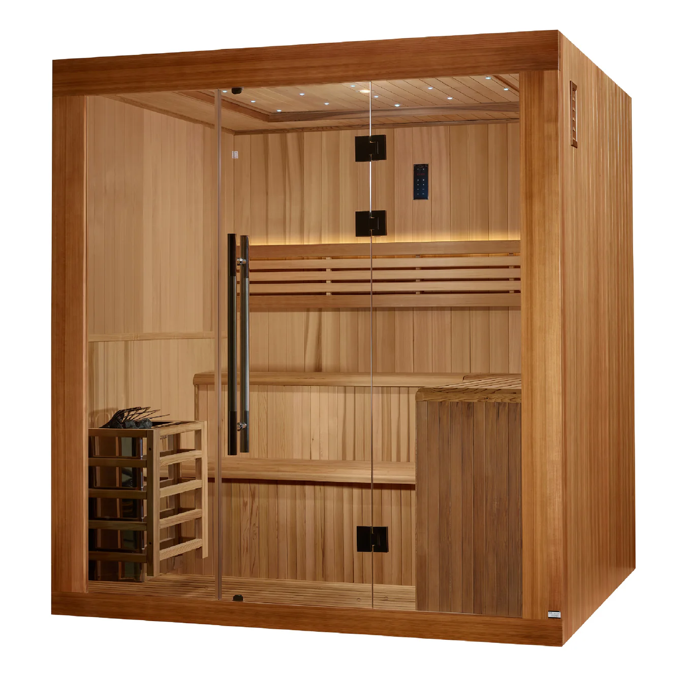 Modern wooden infrared sauna with glass door and interior benches.
