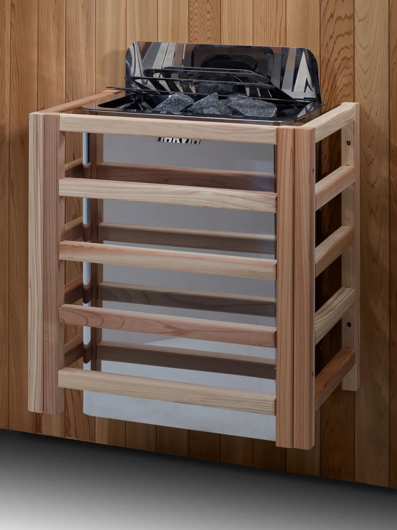 A wooden rack with multiple horizontal bars mounted on a wall.