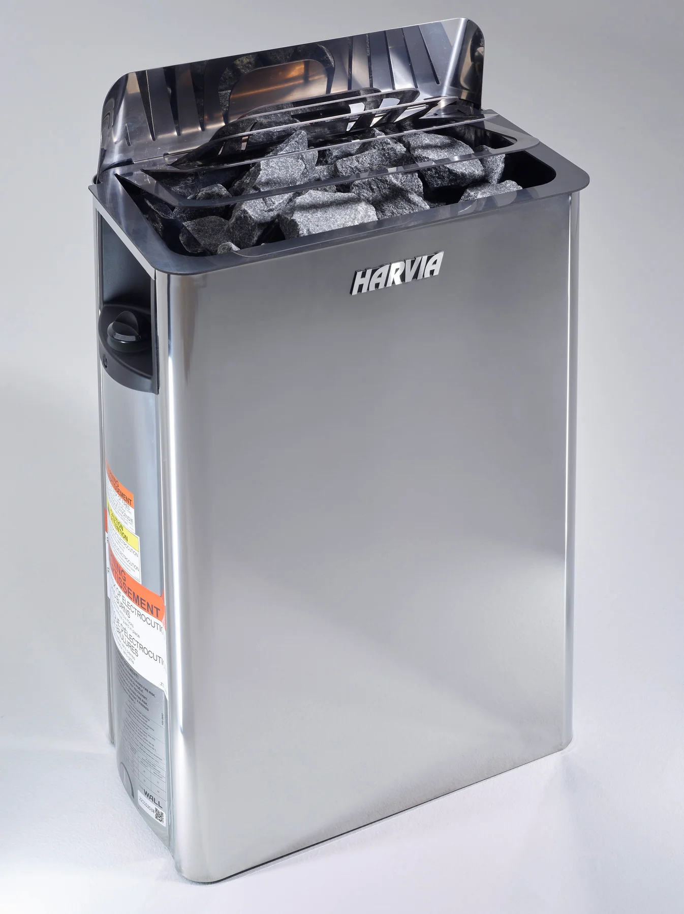Stainless steel electric sauna heater with control knob.