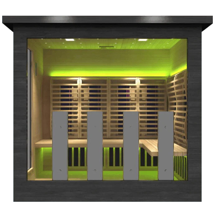 Modern green and wood-themed sauna interior with benches and soft lighting.