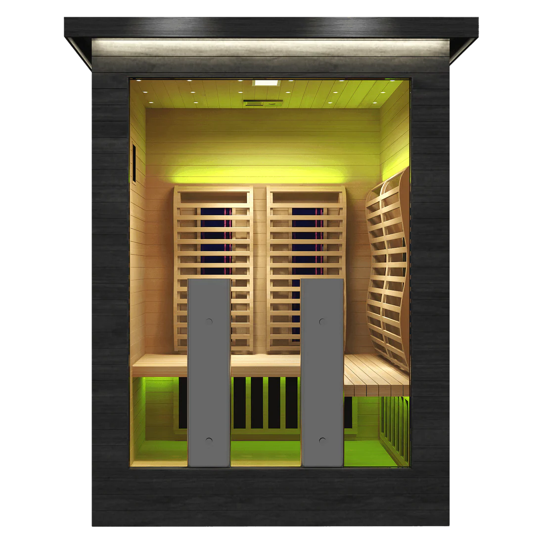 Modern sauna room with wooden benches and green accent lighting.
