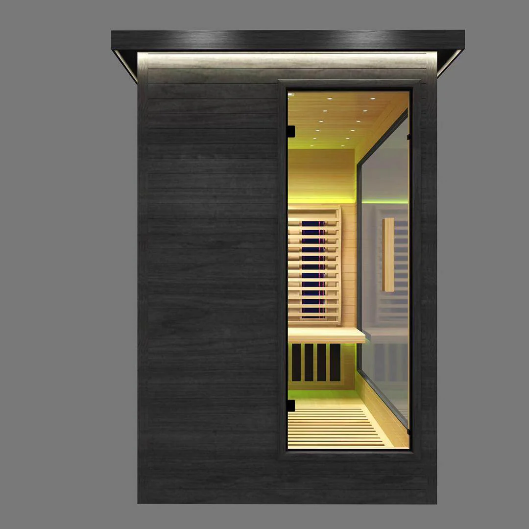 Outdoor sauna with LED accent lighting
