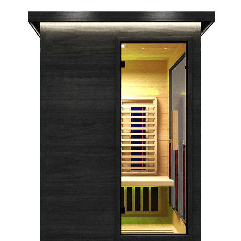 A modern sauna entrance with warm lighting and wooden interior.