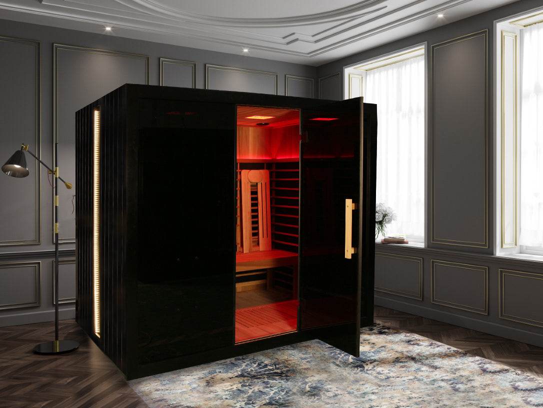 Sleek black home sauna with red lighting