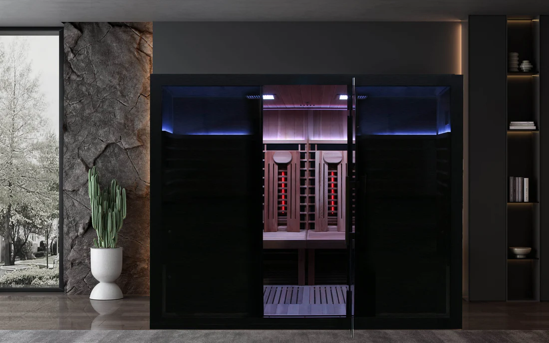 Modern wine cellar with ambient purple lighting and sleek black doors.
