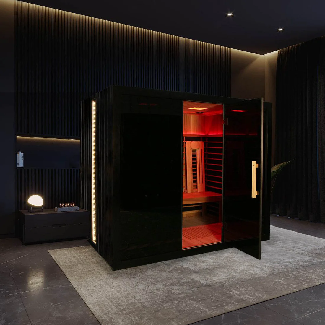Black infrared sauna with red glow