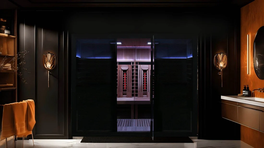 Dimly lit modern entrance with illuminated panels and intricate patterns.