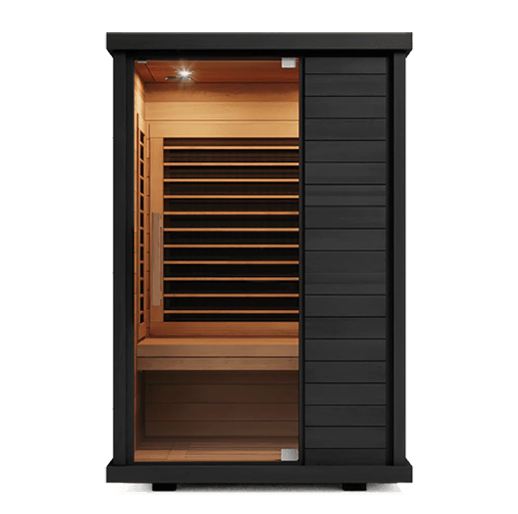 Modern infrared sauna with wooden interior and black exterior.