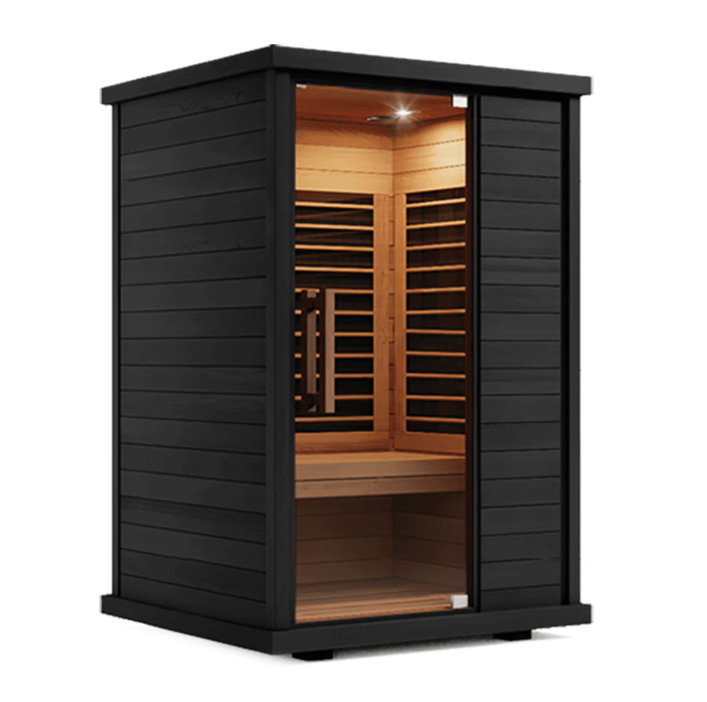Modern black outdoor sauna with glass door and wooden interior.