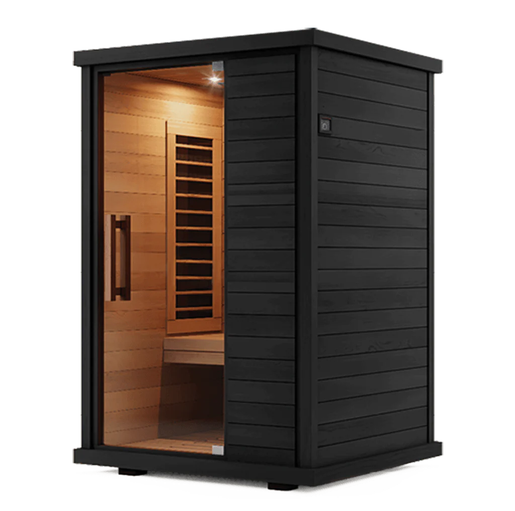 Compact black infrared sauna with eucalyptus interior