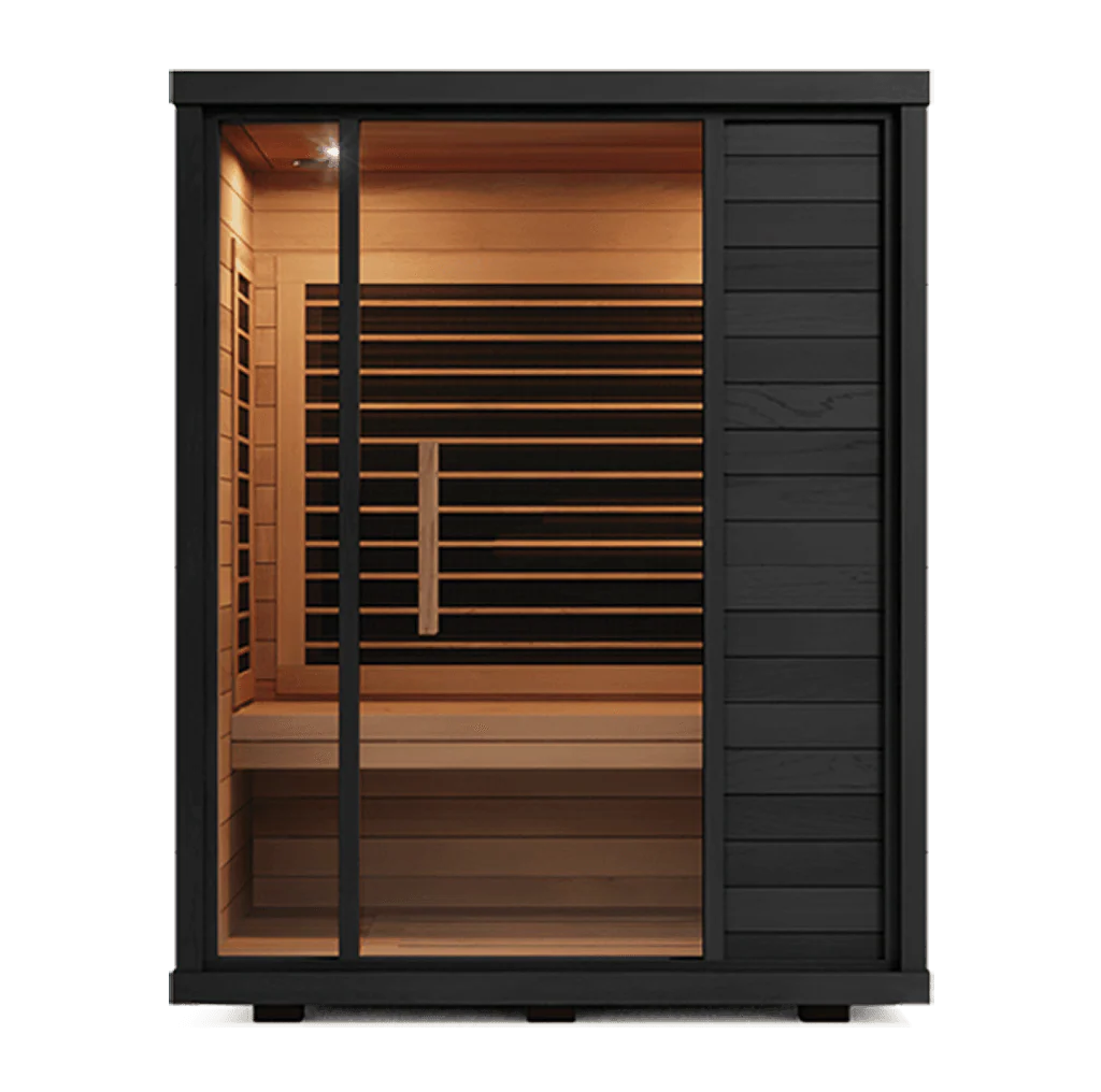 Eucalyptus sauna cabin with large glass front