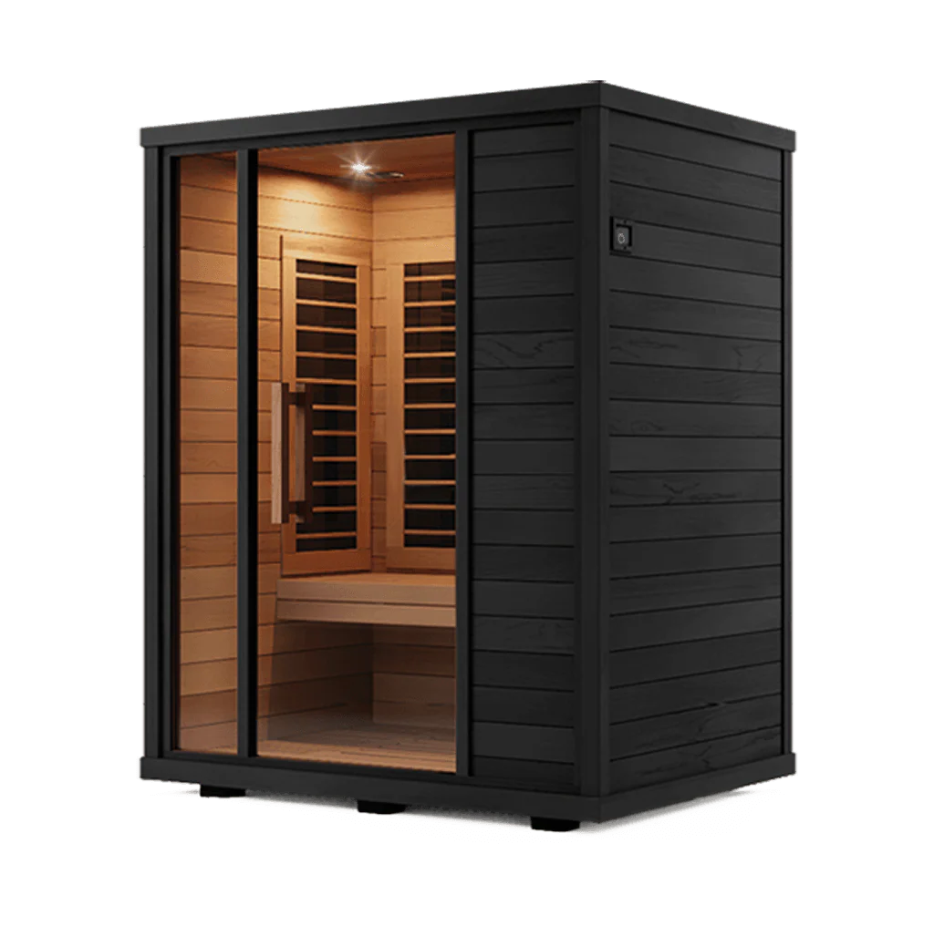 Compact black exterior sauna with eucalyptus interior
