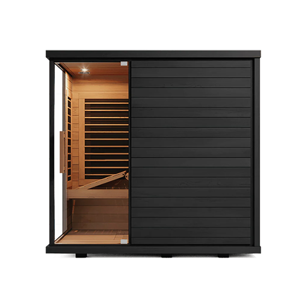Modern outdoor sauna with wooden interior and dark exterior.