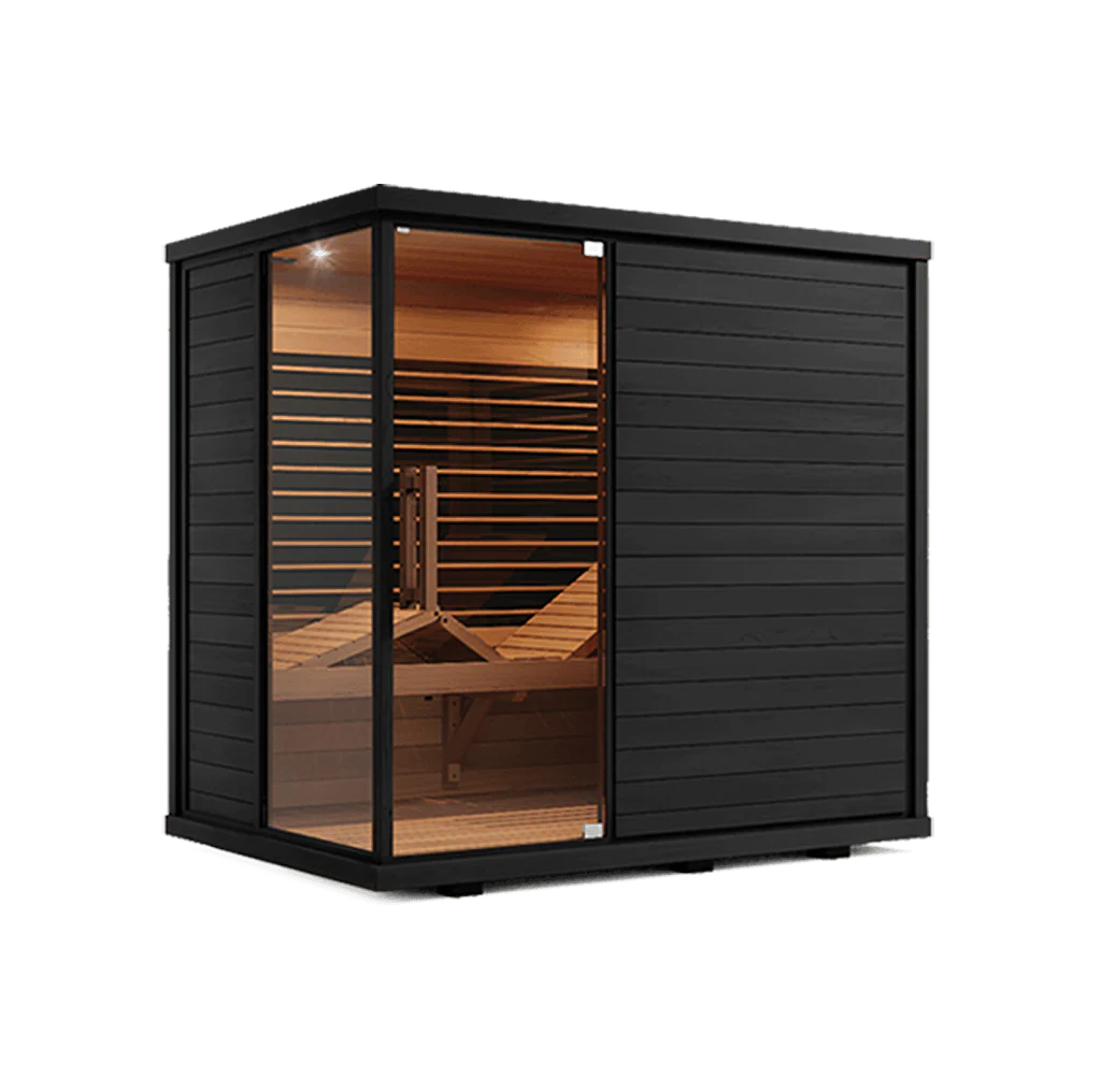 Modern outdoor sauna with glass door and wood paneling.