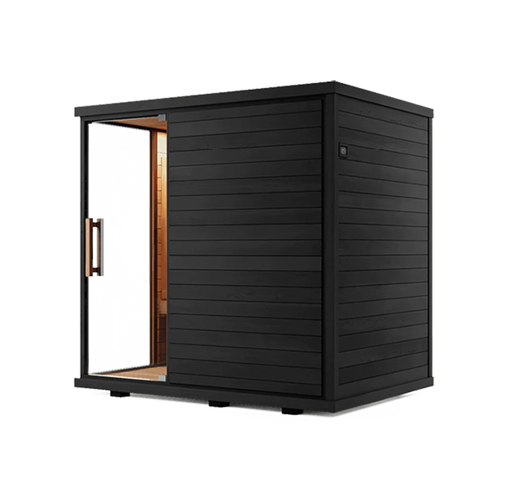 Modern black sauna cabin with a glass door and wooden interior.