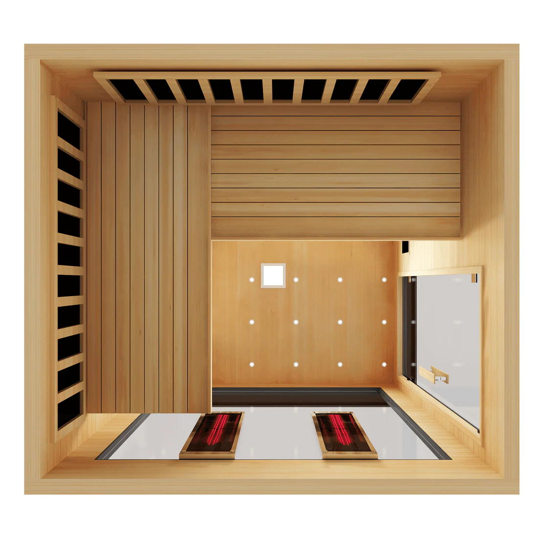 Top view of a modern sauna room with wooden benches and floor mats.