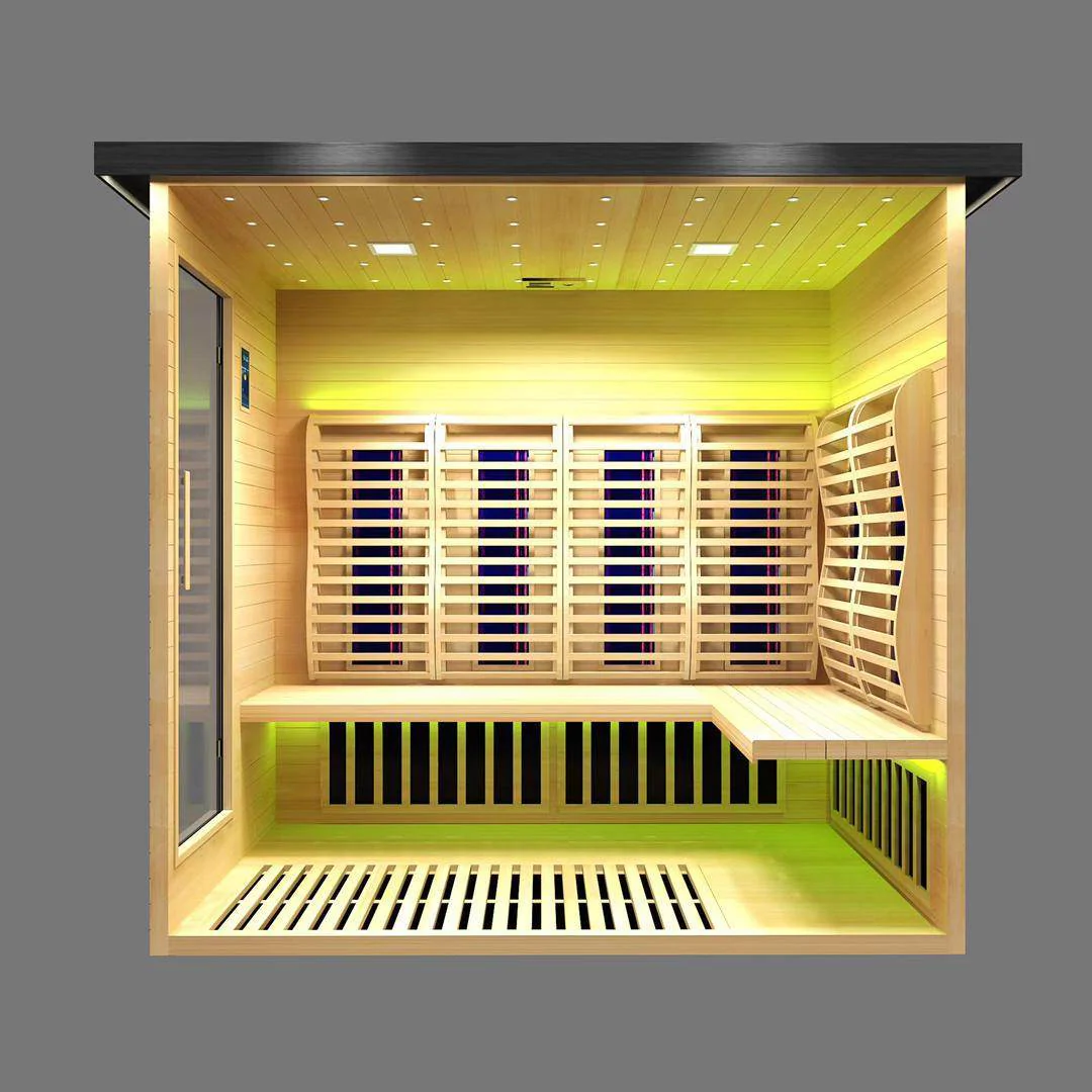Modern infrared sauna room with wooden interior and glass door.