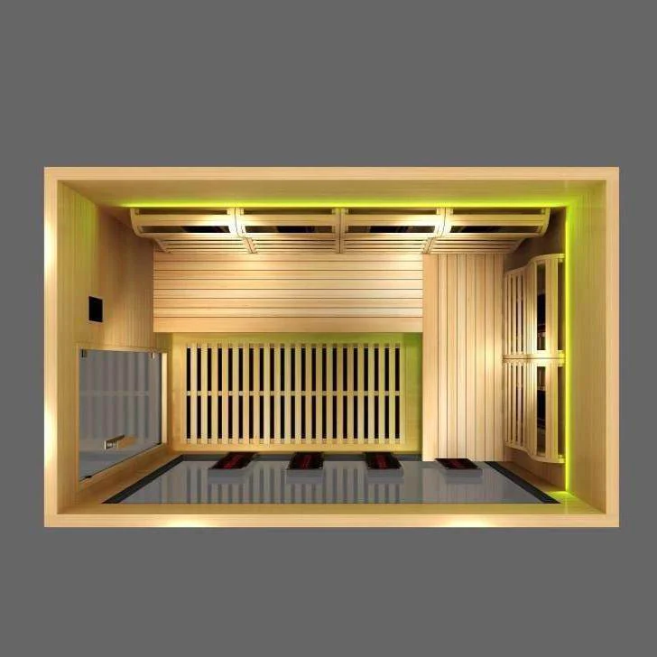 Top-down view of a modern wooden sauna room with benches and lighting.