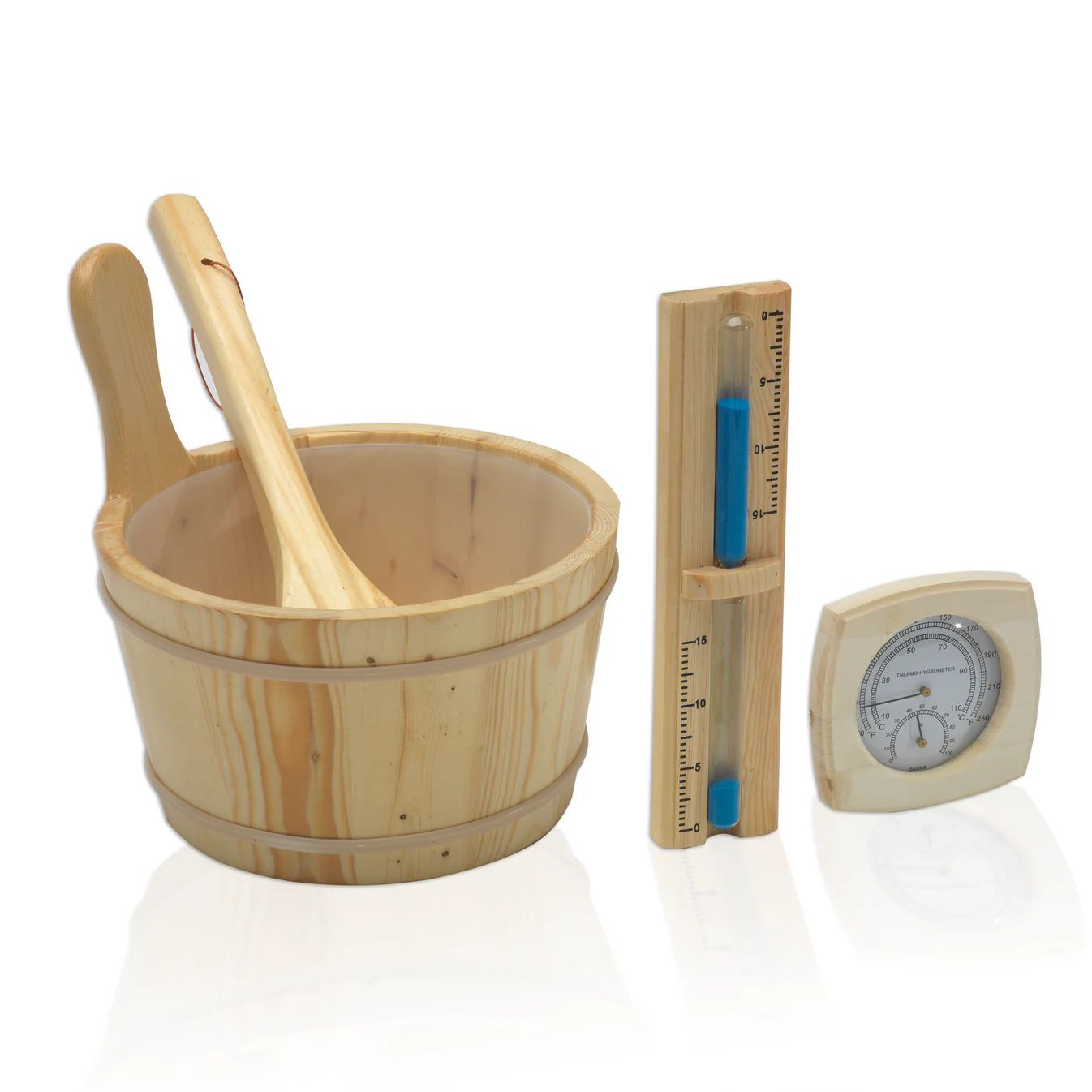 Wooden sauna bucket with ladle, thermometer, and hygrometer.