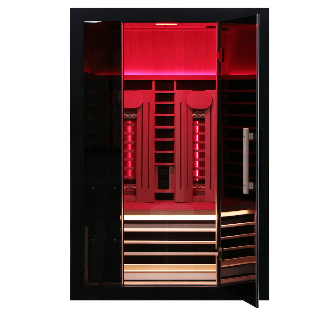 Modern sauna with red lighting and wooden benches.