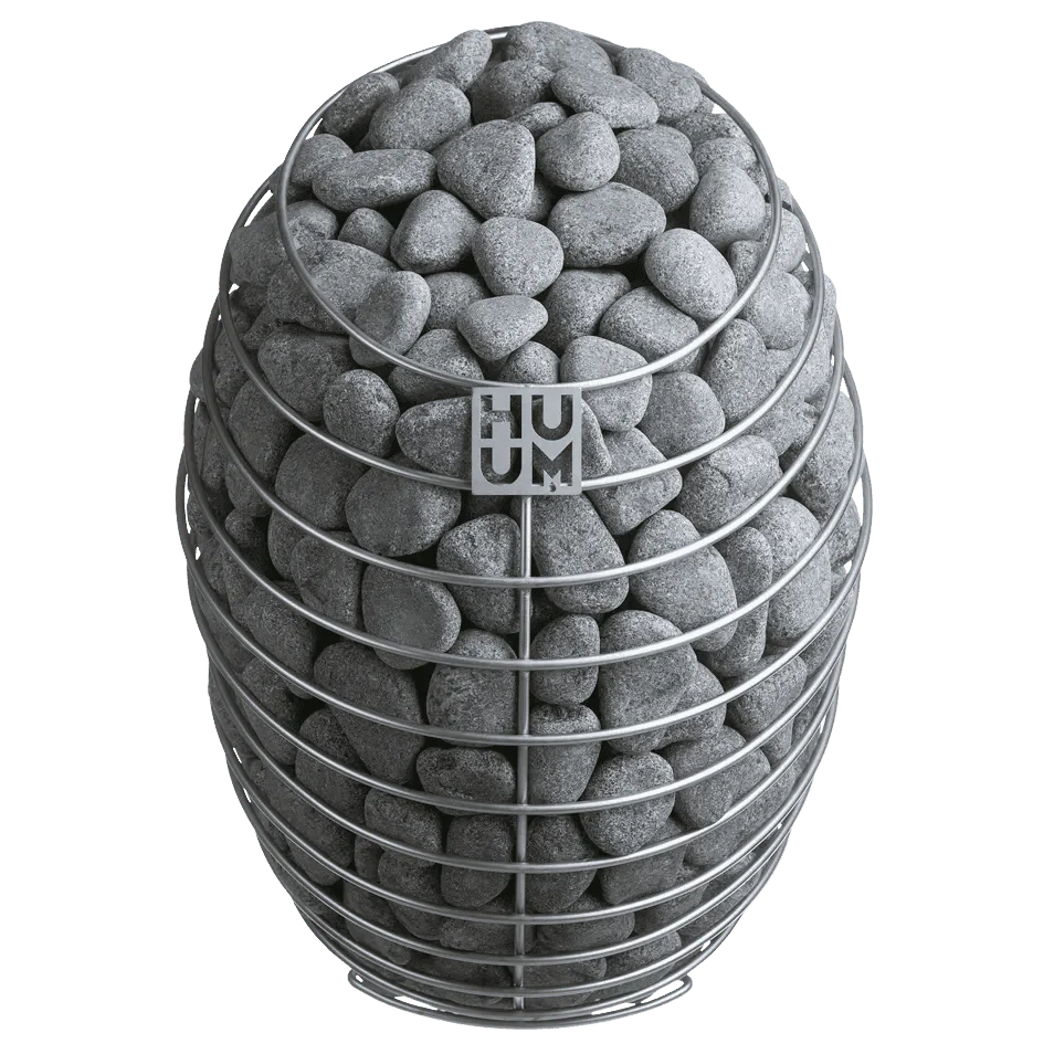 A cylindrical wire mesh container filled with small rounded stones.