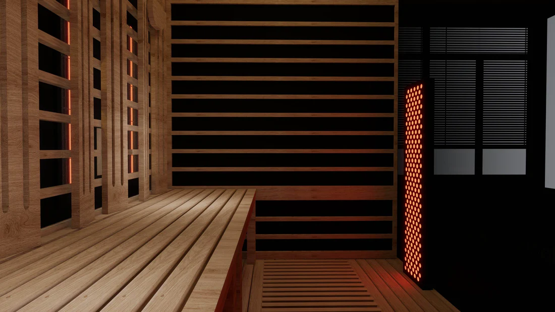 Modern sauna interior with wooden benches and ambient lighting.