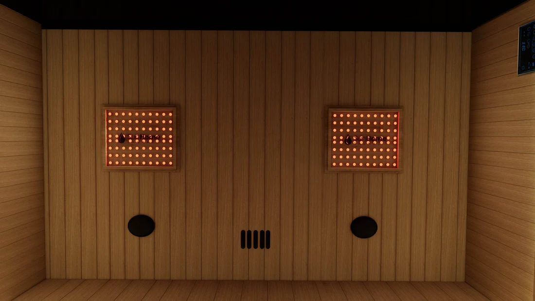 A wall with two rectangular light panels and several circular and rectangular fixtures.