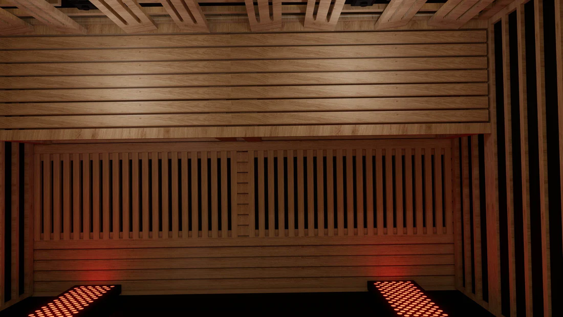 Modern wooden sauna interior with bench and warm lighting.