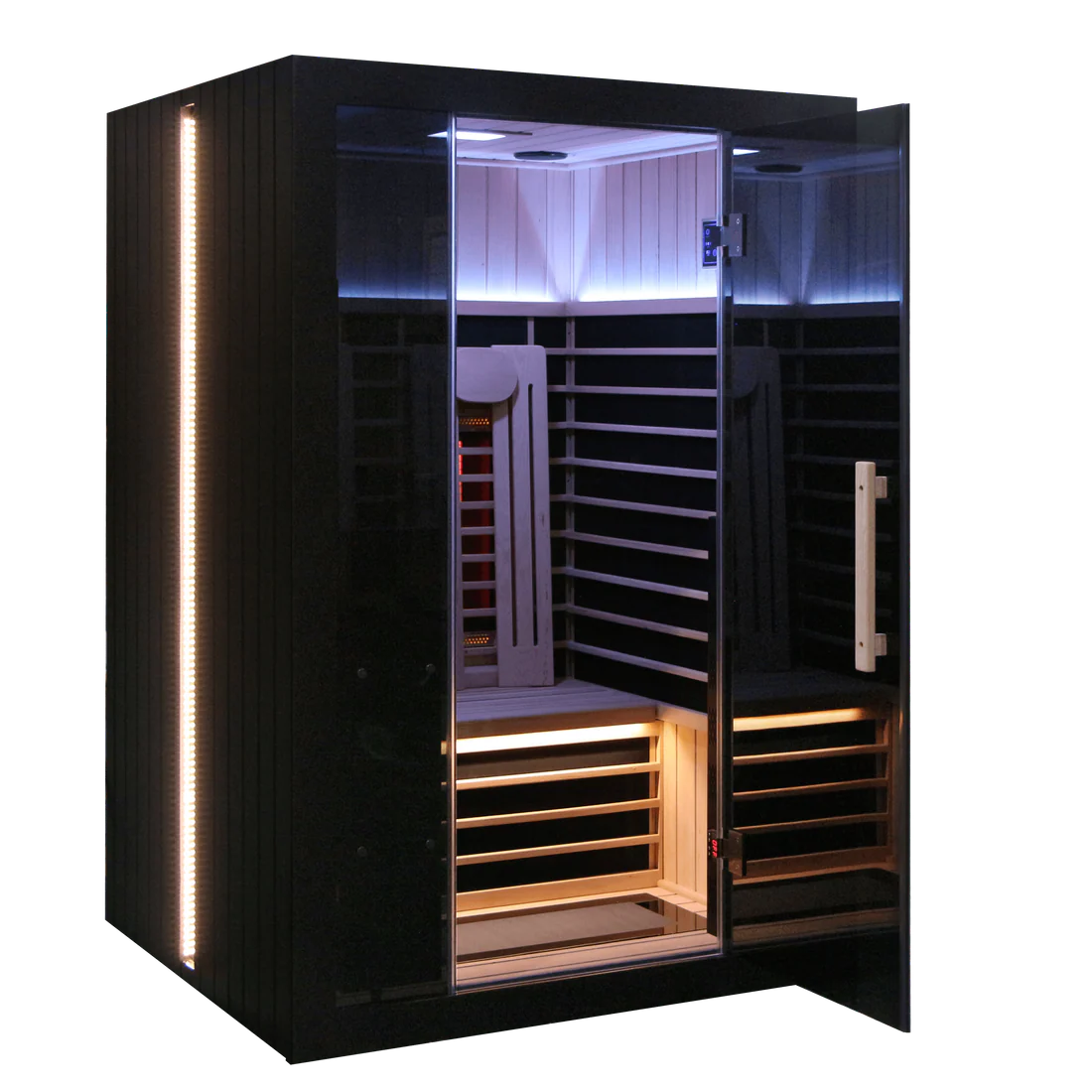 Modern infrared sauna with wooden benches and purple lighting.