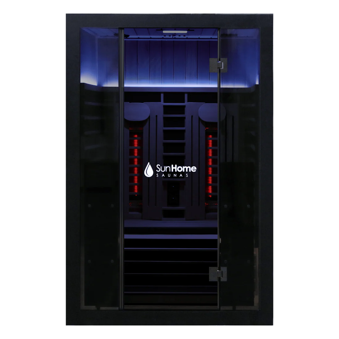 Tall black cabinet with internal blue lighting and a logo.